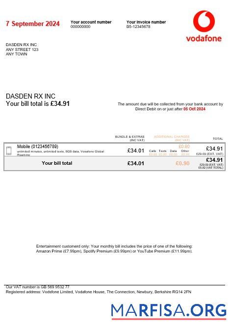 Blank United Kingdom Vodafone business utility bill Word and PDF template